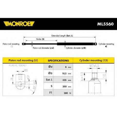 Pneumatic shock absorber, MONROE bonnet code ML5560