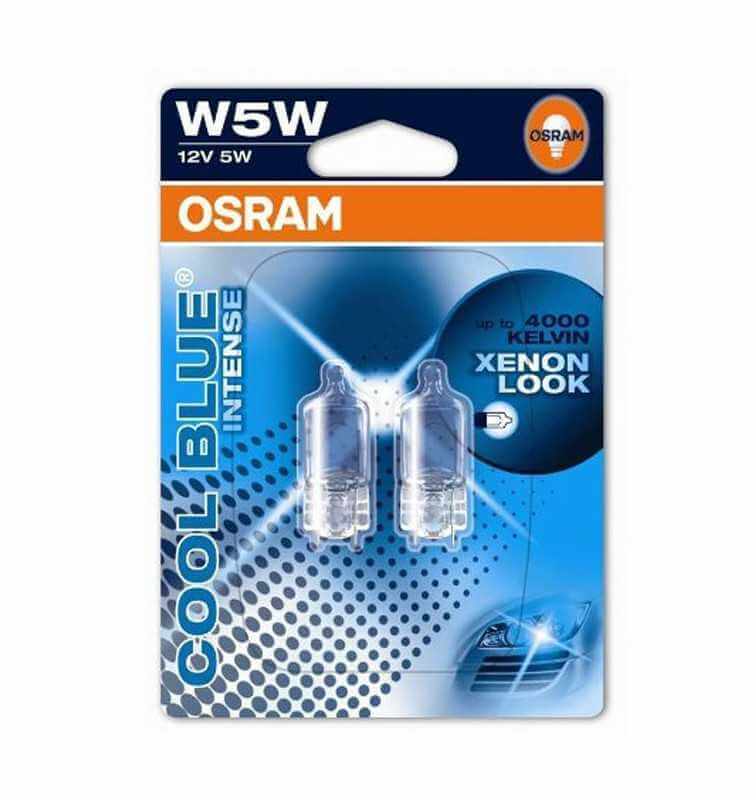 Brand New] OSRAM Cool Blue Intense W5W, halogen, license plate position  light, xenon effect for Blue light, 2825HCBI-02B, 12 V passenger car,  double blister (2 units), Car Accessories, Accessories on Carousell