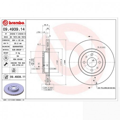 Brembo 09.4939.14 - Disque de frein avant - Jeu de 2 disques